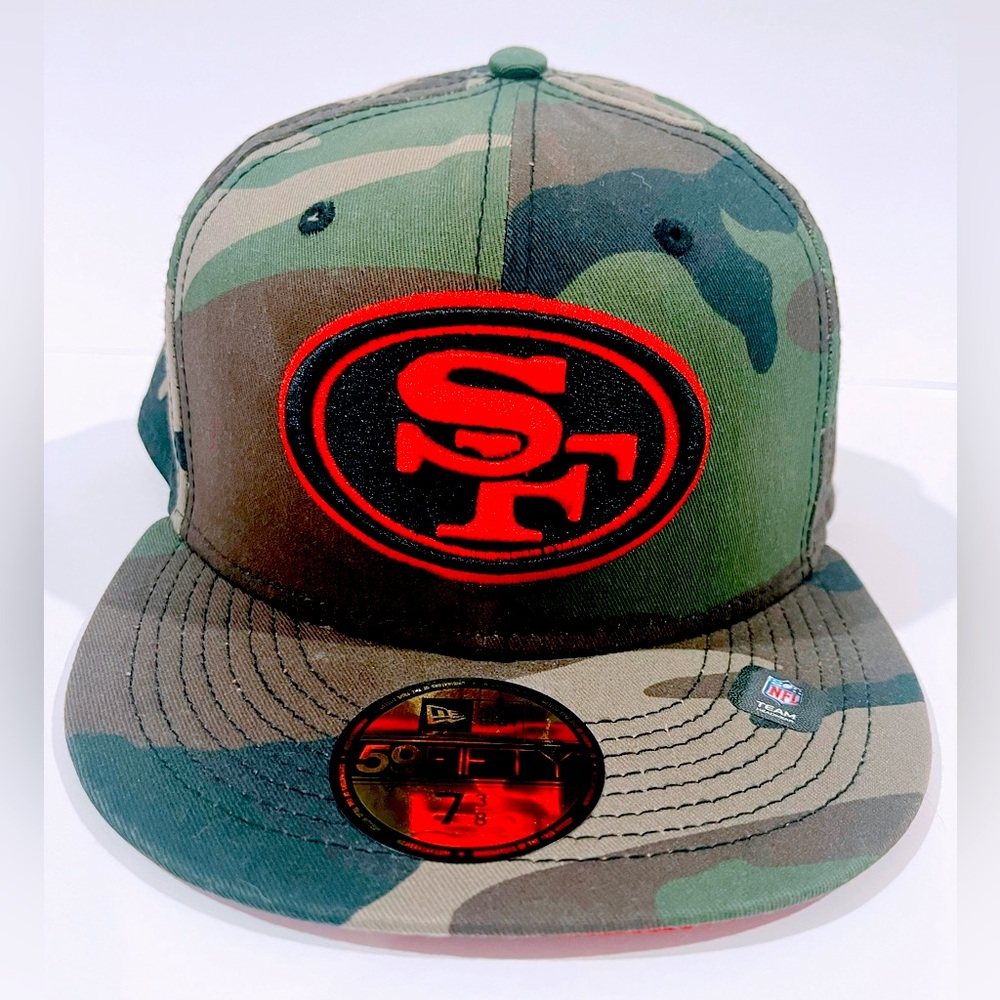 SF 49ERS CAMO with RED Under Visor Fitted Hat. Unisex.
